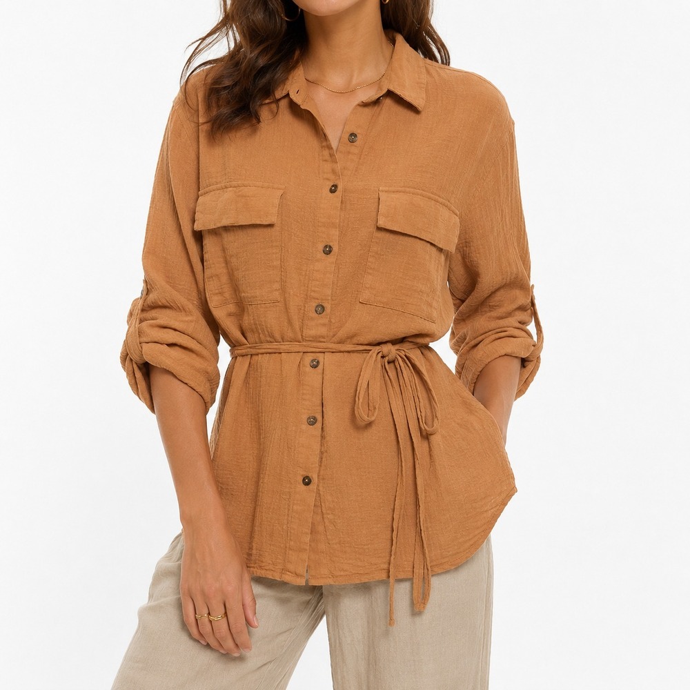 VICI Button-Up Tunic Top Women's Large Rust‎ Orange Roll Tab Sleeves 100% Cotton